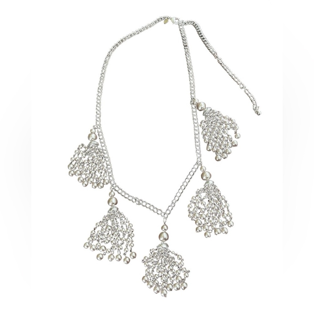 Chico’s Silver Tone Tasseled Statement Necklace Festival Glam Southwestern Flair